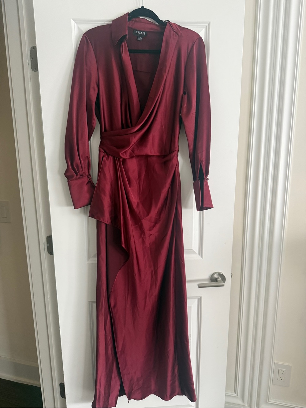 XSCAPE EMERY" SATIN LONG SLEEVE COLLARED DRESS Wrap Satin Shirt Sz 4 color wine - Picture 7 of 12